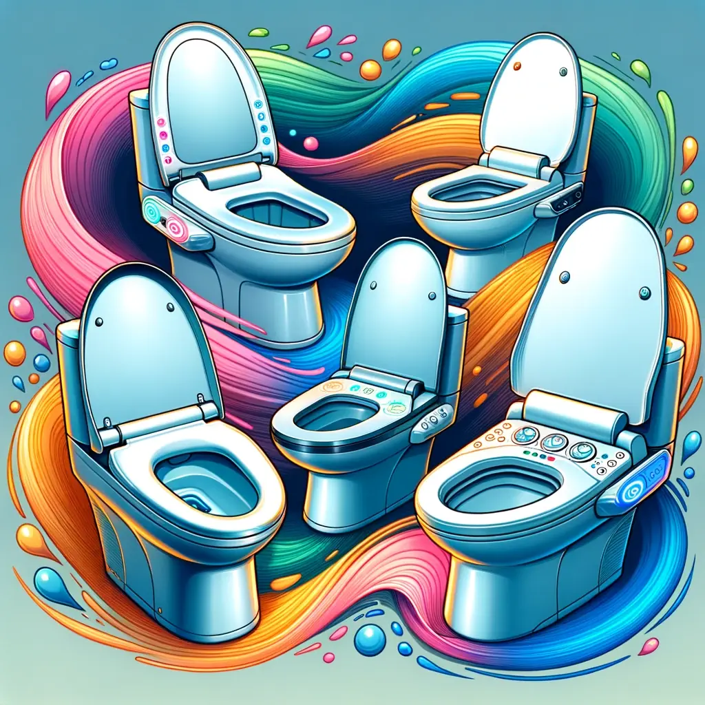 Illustration of a lineup of five advanced electric bidet seats each with distinctive features such as temperature control dials ergonomic shapes