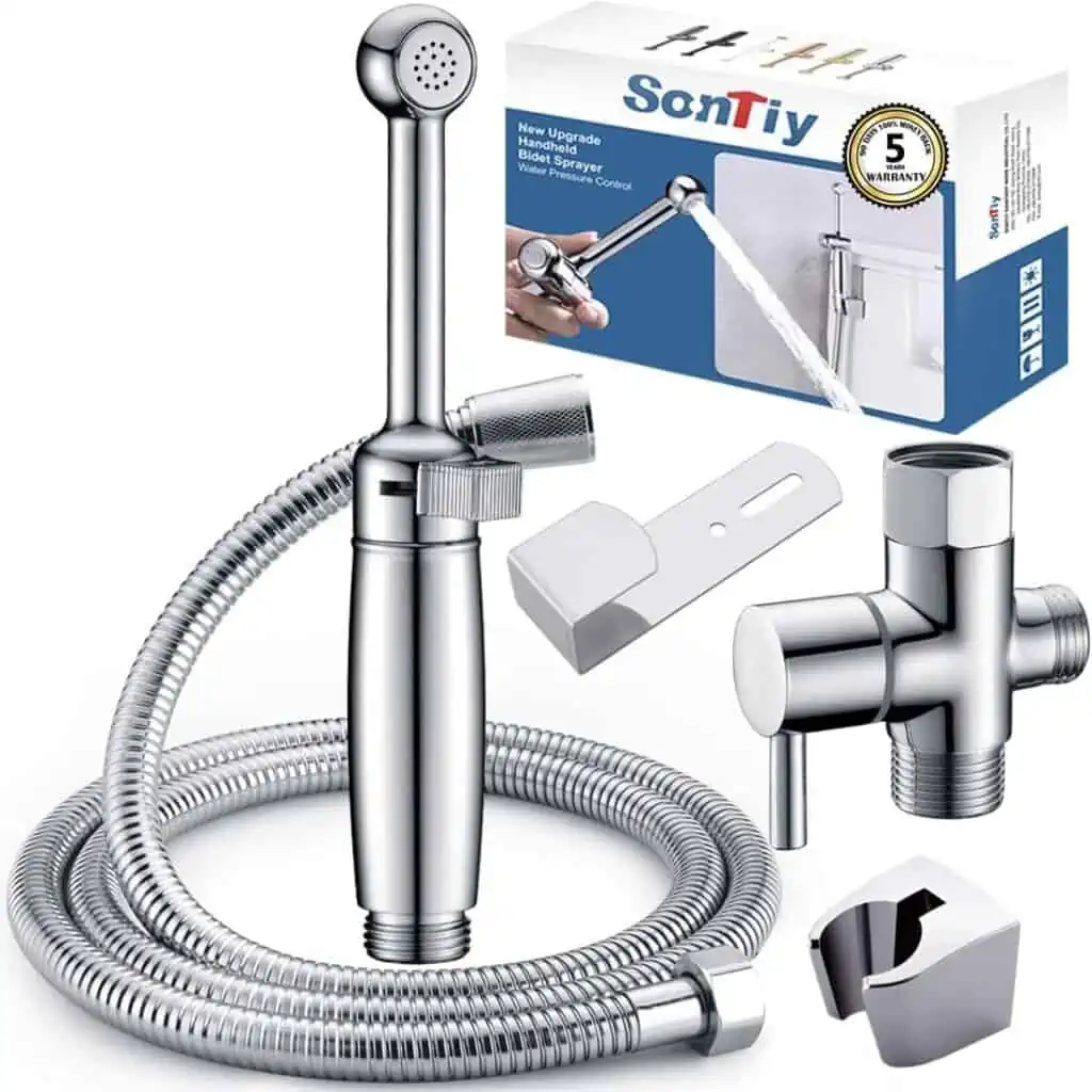 Bidet Sprayer for Toilet, Handheld Sprayer Bidet Attachment Kit with Backflow Preventer and Adjustable Water Pressure Control, SonTiy All Brass Cloth Diaper Sprayer Set, Chrome, 5 Years Warranty