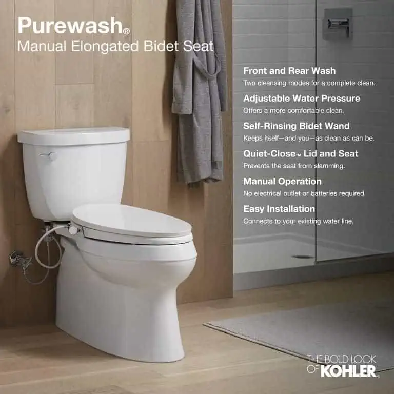 KOHLER Purewash Elongated Manual Bidet Toilet Seat, Elongated Manual Non Electric Bidet with Adjusting Spray Pressure and Position, White Quiet-Close Lid, With White Handle