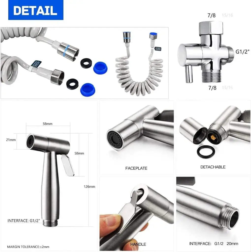 TURLEE Handheld Bidet Sprayer for Toilet -Brass T-valve Adapter, Sprayer Adjustable Water Pressure Control with Bidet Retractable Spring Hose for Feminine Wash,Free Mounting Bracket