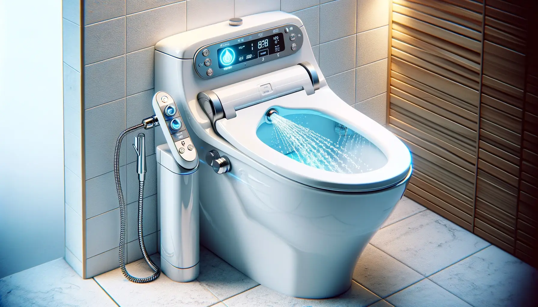 an electric bidet showcasing its various features The bidet is sleek and modern mounted on a white porcelain.